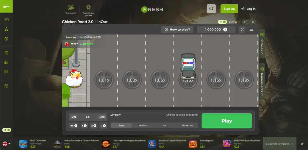 Chicken Road 2 gameplay with difficulty selector and multiplier steps