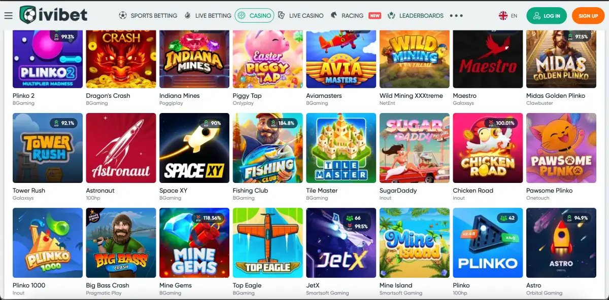 Sezione dei giochi crash su Ivibet con Chicken Road e altri giochi istantanei