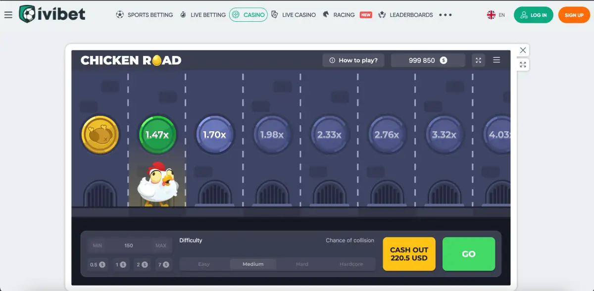 Schermata del gioco Chicken Road su Ivibet con moltiplicatori passo dopo passo