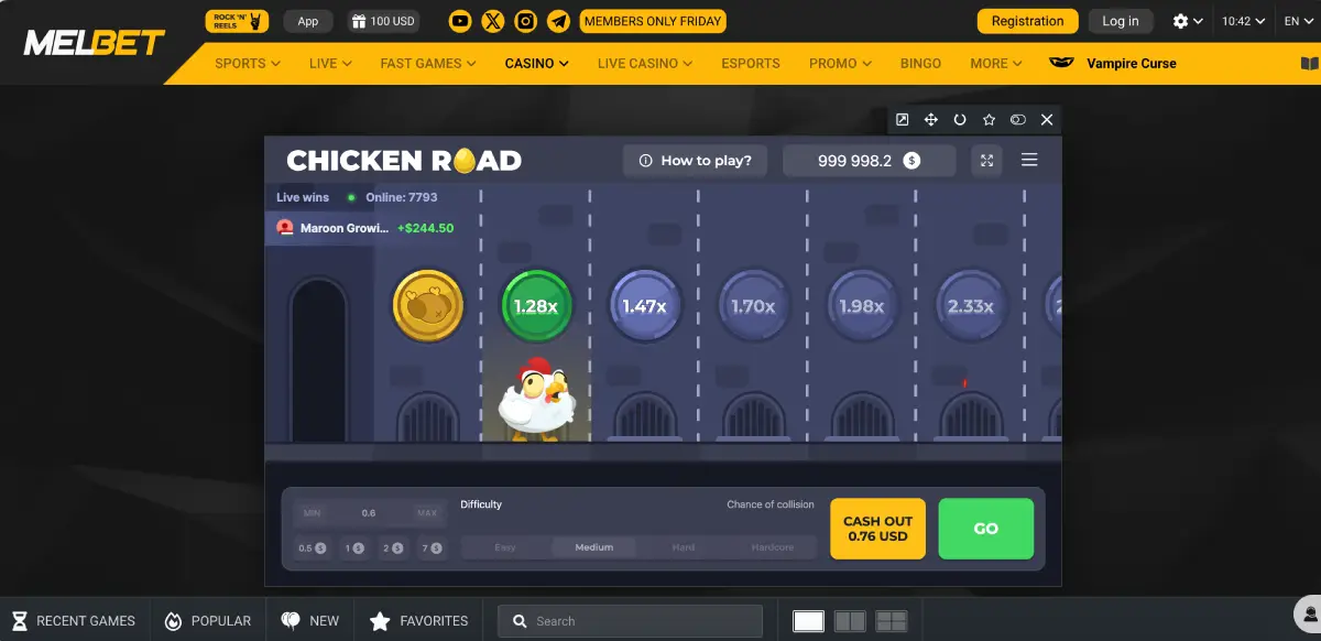 Interfaz de Chicken Road en la app móvil de Melbet