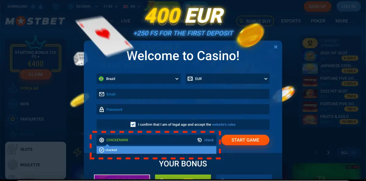 Registration form on the Mostbet website before starting Chicken Road