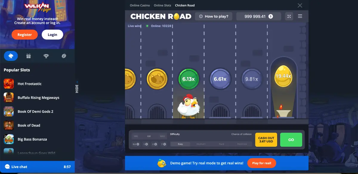 Интерфейс Chicken Road в Vulkan Vegas с курицей, бегущей по плиткам